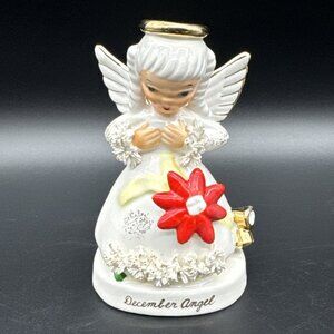VTG Napco December Angel Figurine Spaghetti Poinsettia Bell A1372 Christmas EUC